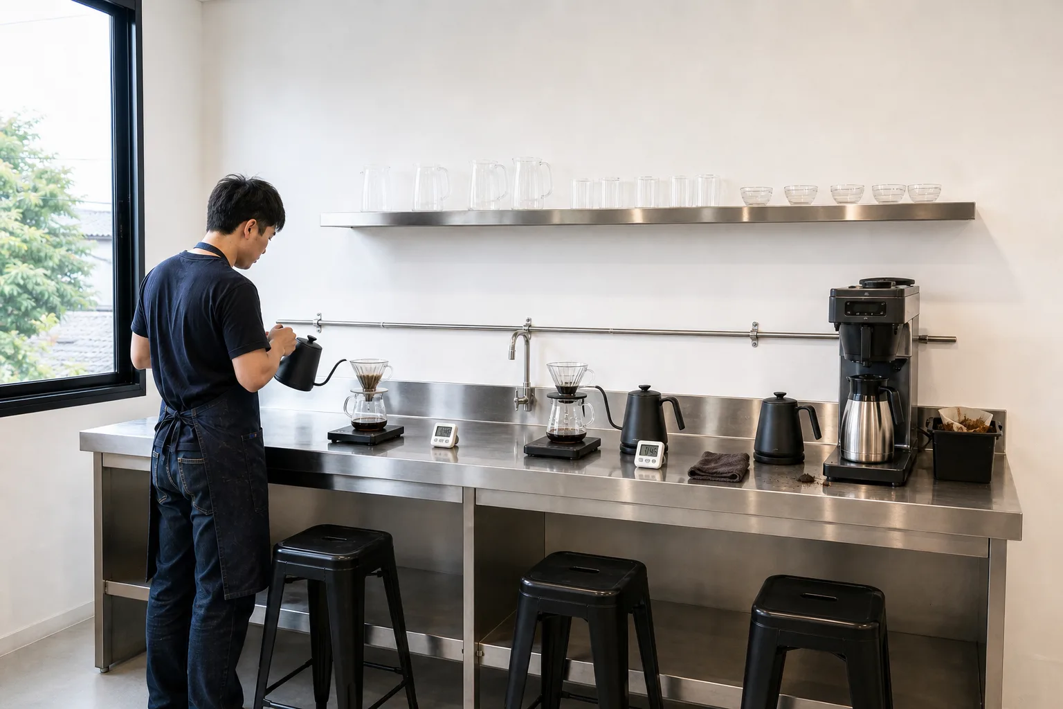 บาร์ฟิลเตอร์: สามสถานีเรียงกัน — V60 ดริปเปอร์ก้นแบน และเครื่องชงแบตช์ 6 ถ้วย แต่ละสถานีมีตาชั่ง นาฬิกาจับเวลา และกาคอห่าน