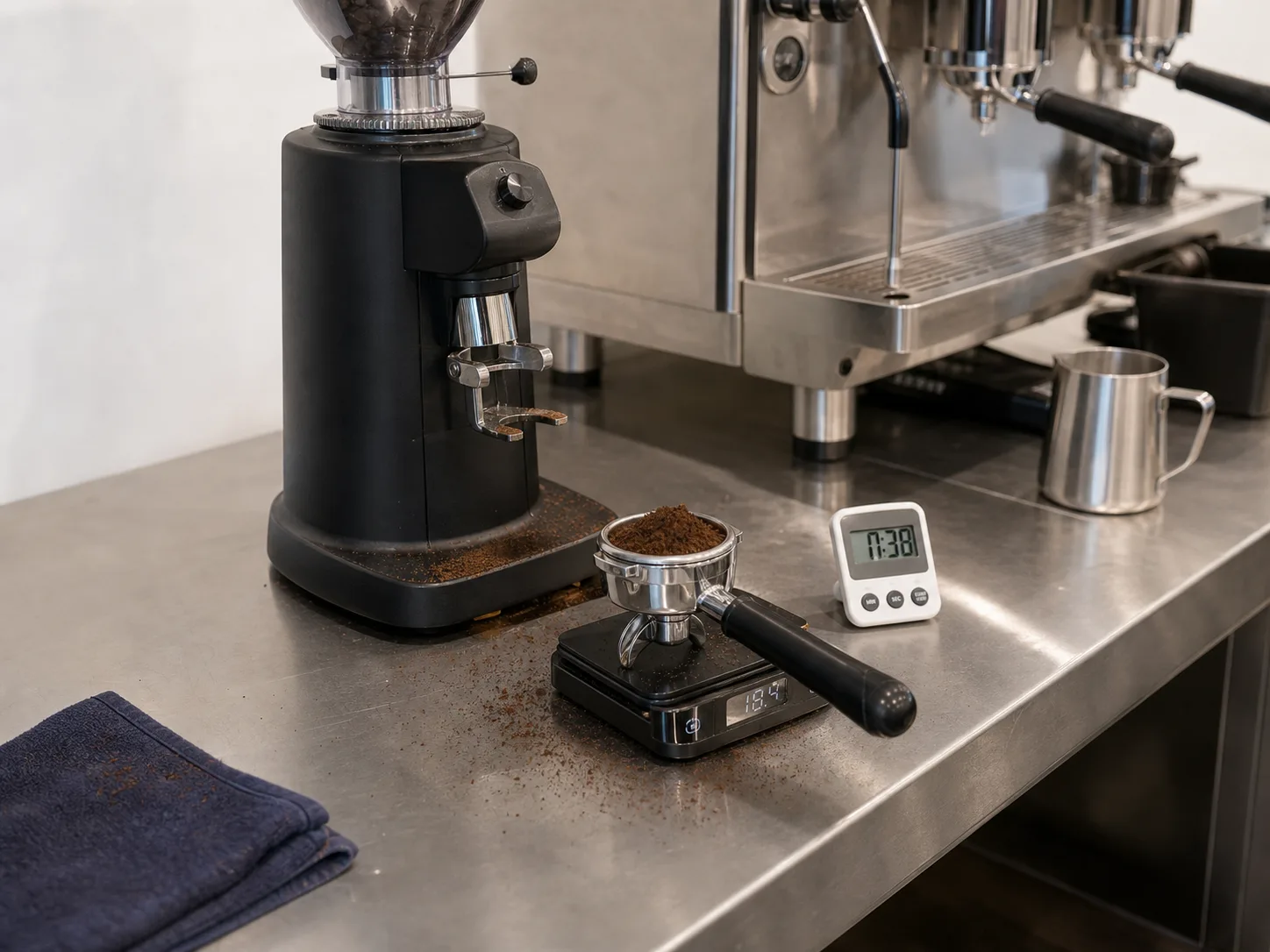 ที่รองผงของเครื่องบดที่มีผงกาแฟตกอยู่ ตาชั่งละเอียด 0.1 กรัมที่กำลังแสดงน้ำหนัก นาฬิกาจับเวลา และผ้าที่ใช้แล้วพับวางอยู่บนโต๊ะ